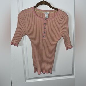 SUNDANCE Pink Yellow Striped Stretchy Rib Knit Living Legend Henley Slim Top Med